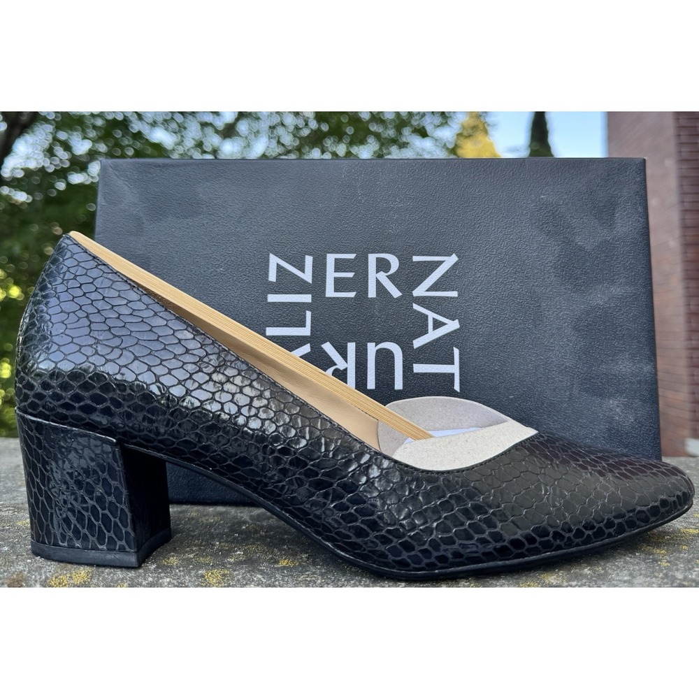 Naturalizer Mali Black Snake Leather Pointed Toe Block Heel Pumps Women's 11M